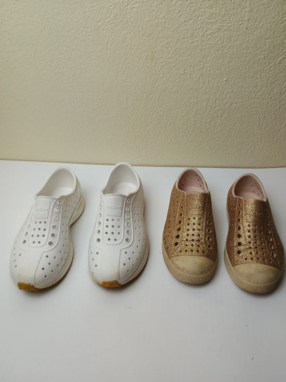 Native Little Kids Slip-On Water Shoes in White and Glitter Gold - Washable